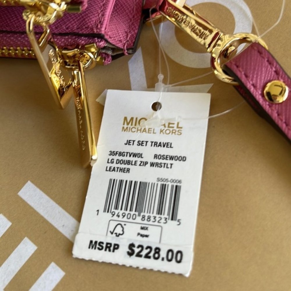 Michael Kors Jet Set Travel Large Double Zip Wristlet Wallet Rosewood Leather - Picture 12 of 15